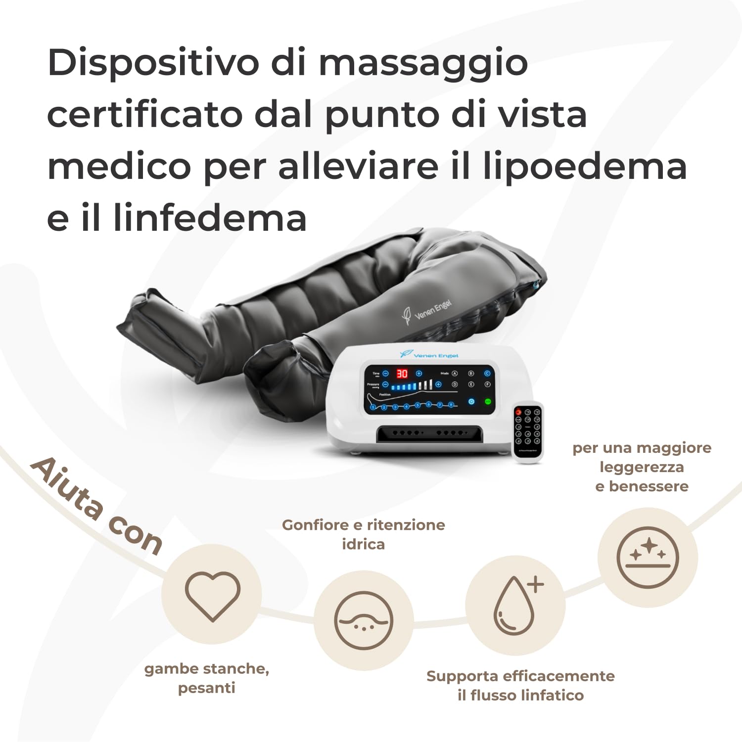 Venen Engel 8 Pantaloni Lymph-Flow, 8 camere d’aria, 6 programmi – massaggiatore gambe tipo Recovery Boots, ideale per il drenaggio linfatico manuale.