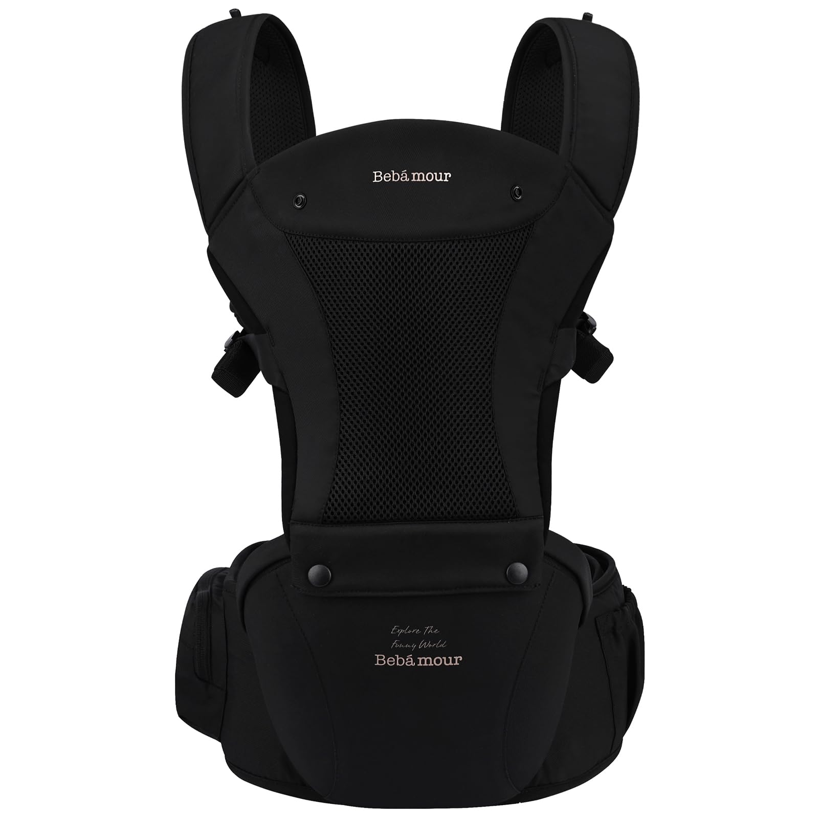 Bebamour Baby Carrier Safety-Certified Hip Seat Baby Carrier Newborn to Toddler Baby Hipseat 0-36Months with Head Hood, 3 PCS Teething Pads, Waist Extender & Storage Bag, Black
