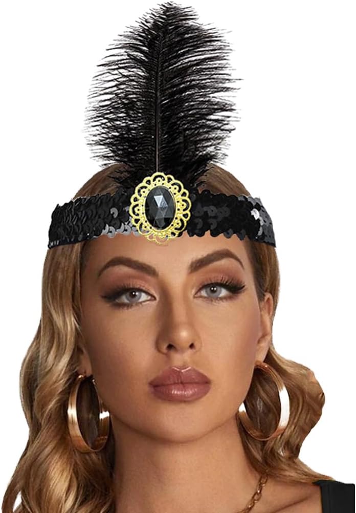 Mardi Gras Sequins Feather Headpiece Headband 1920s Carnival Party Headwear for Women Grils