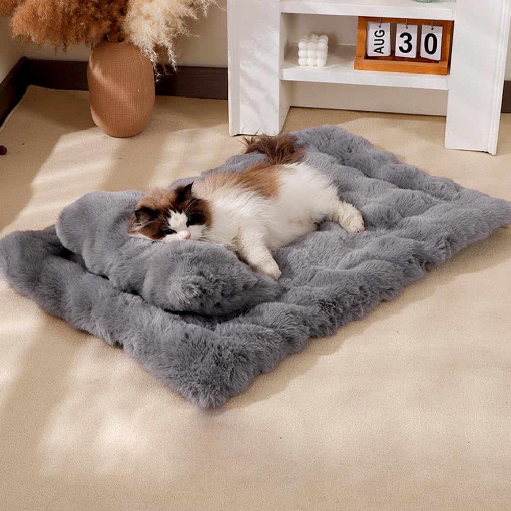 Cat Bed Mat Dog Crate Pads, Cat Beds for Indoor Cats Small Dogs, Plush Pet Bed Mats Faux Fur Dog Crate Mat with Removable Pillow for Cages/Floor/Couch (Grey-with Pillow,XL-27.5 * 47.2 in)