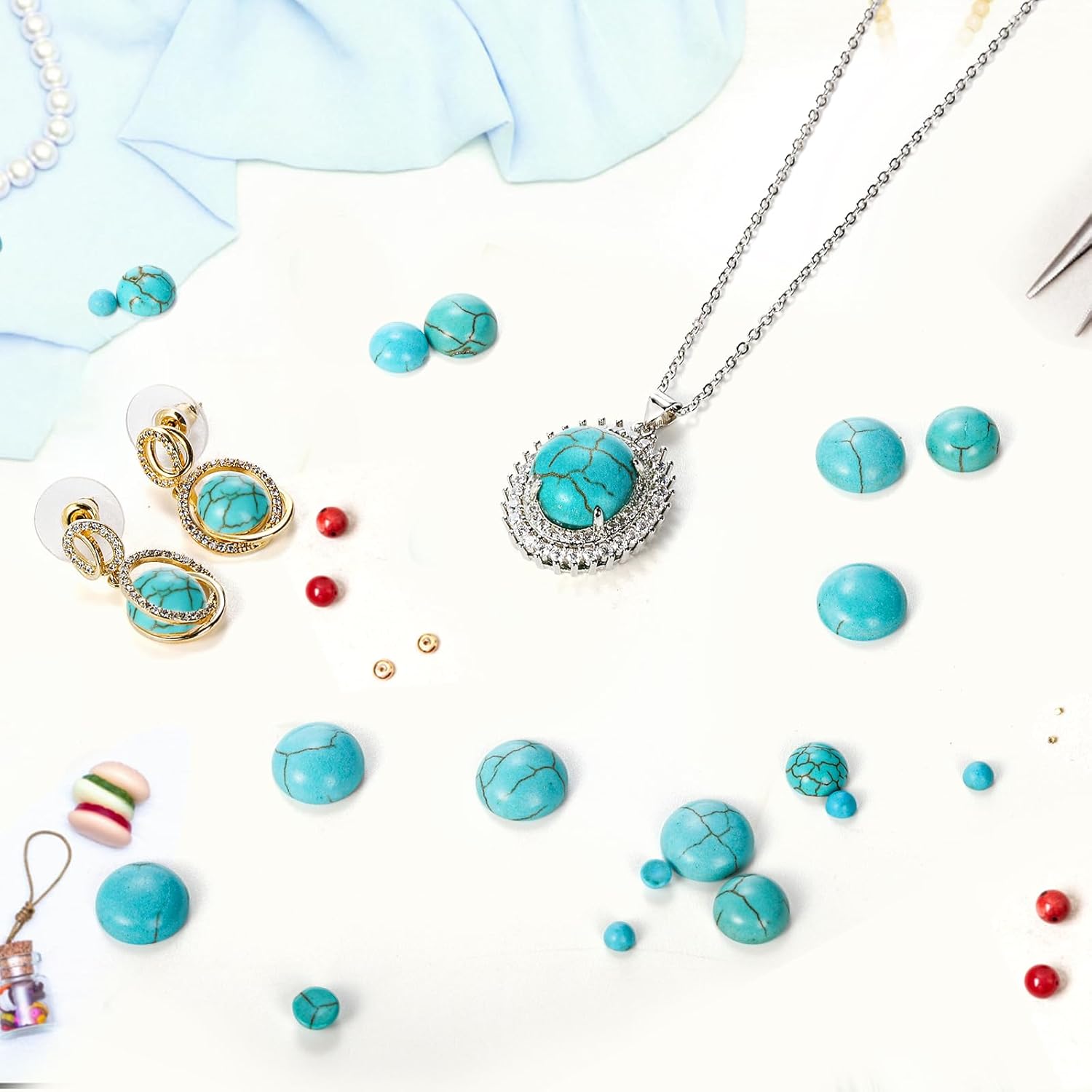 Set of 250 pcs Blue Turquoise Beads, 5 Size Round Cabochons Stones, Flat Back Beads for Jewelry Making, DIY, 4/6/8/10/12mm - Image 8