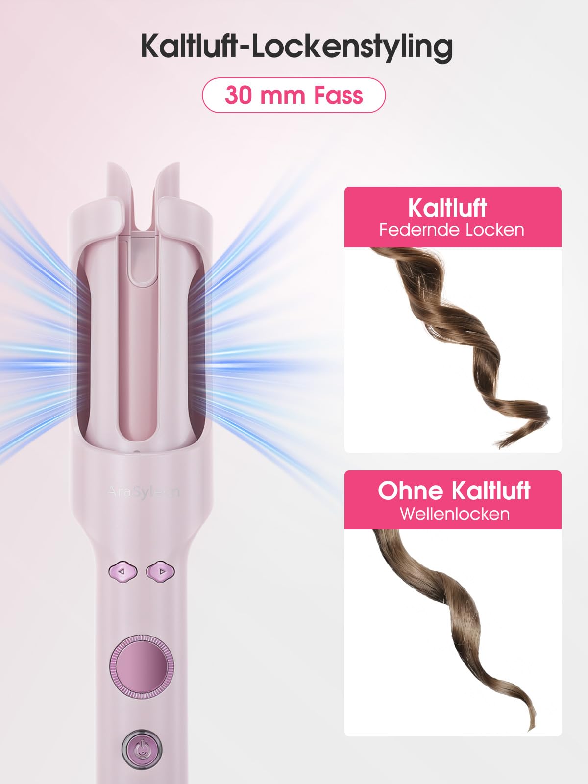 Automatik Lockenstab mit Kaltluft & Ionen, 30mm Auto Curler | 5 Temp. 160–200°C, Anti-Verbrühungsdesign, Dualspannung 110–240V für Heim und Reisen mit akustischem Signaltimer