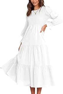 LOGENE Womens Casual Long Puff Sleeve Crew Neck Smocked Elastic Waist Tiered Midi Dress