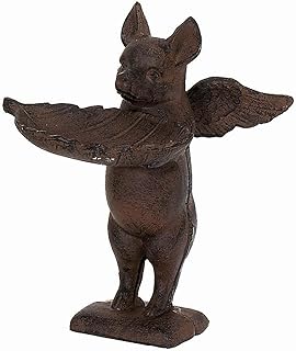 Ebros Gift 8.25" Tall Cast Iron Vintage Rustic Farmhouse Barn Animal Butler Flying Winged Pig Carrying Leaf Jewelry Dish Decorative Sculpture Kitchen Dining Countertop Accent