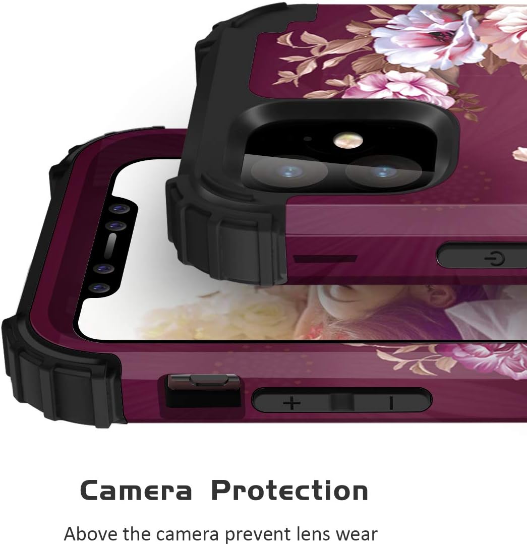 Hocase for iPhone 11 Case, Heavy Duty Shockproof Protection Hard Plastic+Silicone Rubber Bumper Hybrid Dual-Layer Protective Case for iPhone 11 (6.1-inch Display) 2019 - Burgundy Flowers