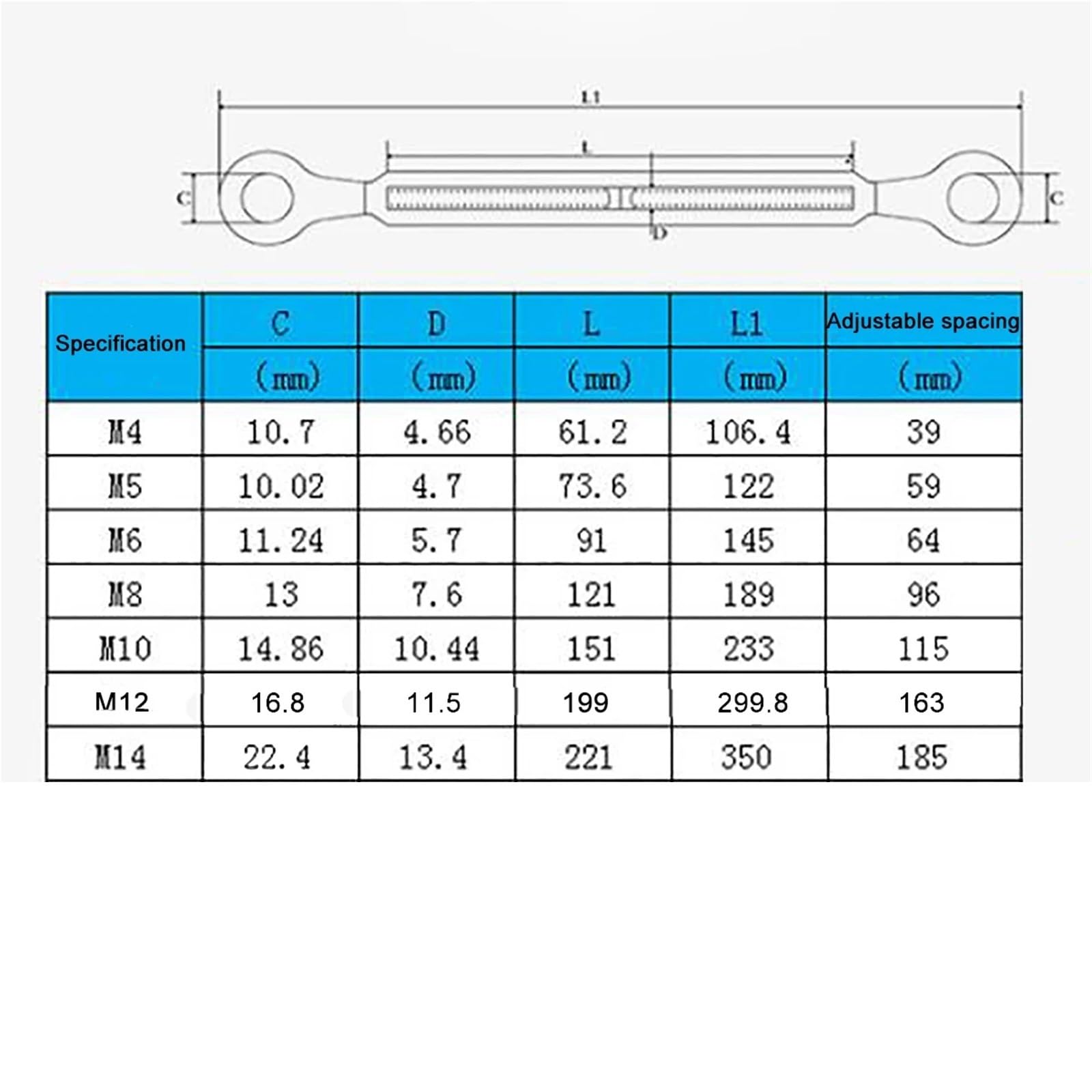 Tensor de tensión Cuerda Alambre, Tensor Ojo y M4-M14 Acero Inoxidable 316, 10 Uds(M12)
