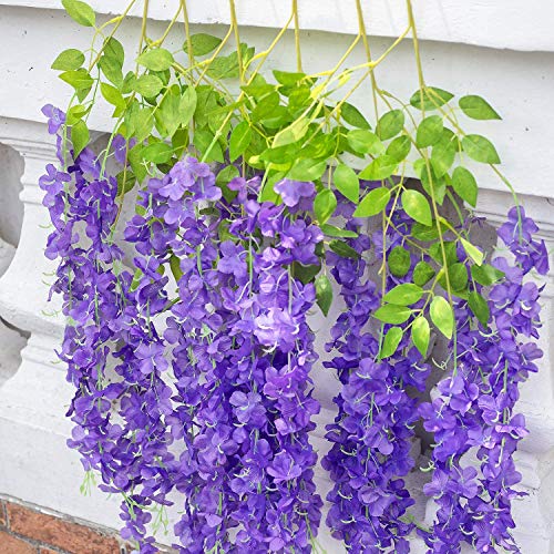 Image of Tdas Artificial Flower Wisteria Hanging Vine for Home Decoration Plants Plastic Flowers Decor Items Decorative Bunch Creepers Garlands Leaves Wedding Room, 110 CM (Purple, 6)
