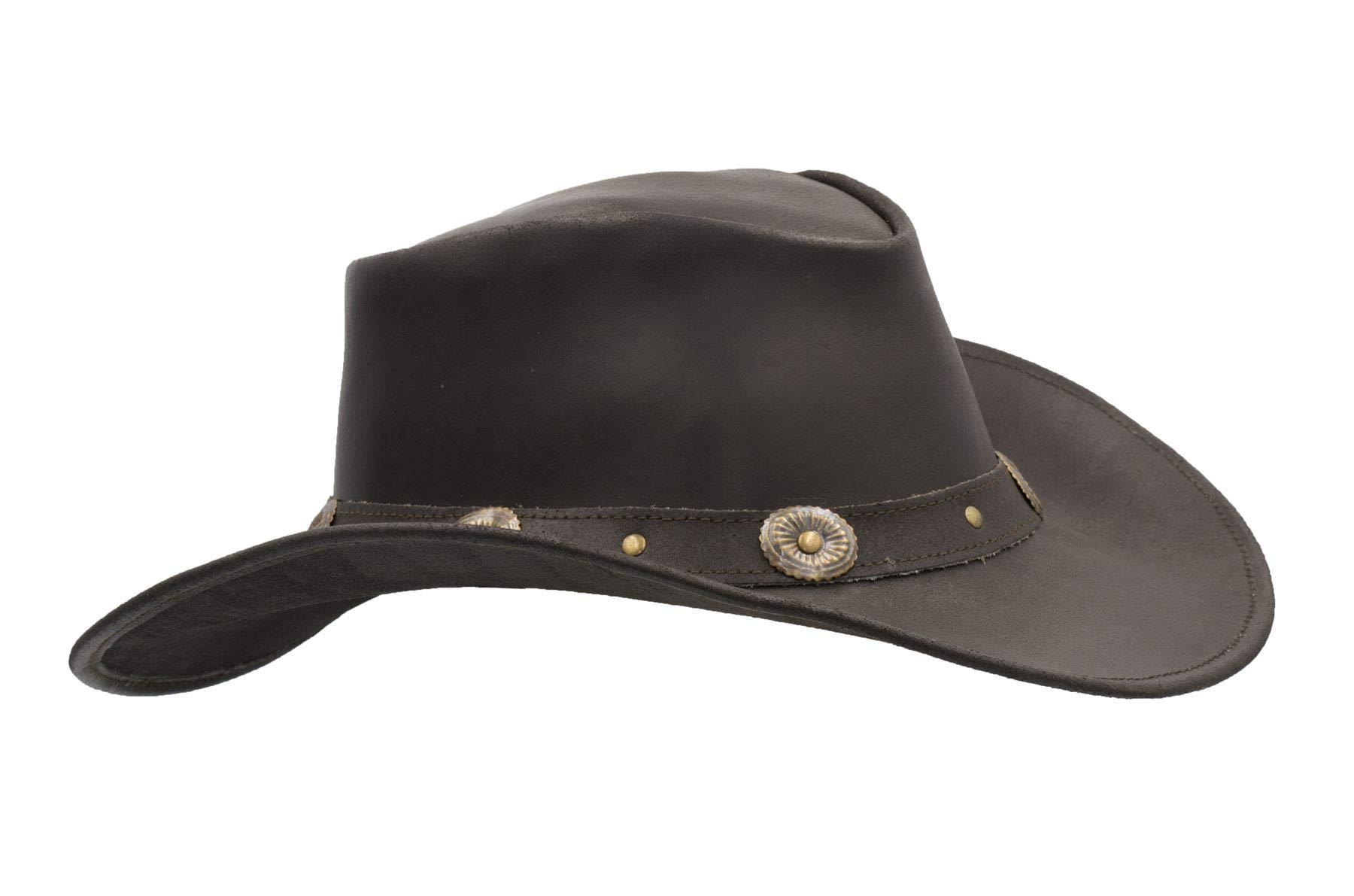 WALKER AND HAWKES - Leather Cowhide Outback Cowboy Conchos Hat - Dark Brown - Medium (58cm)