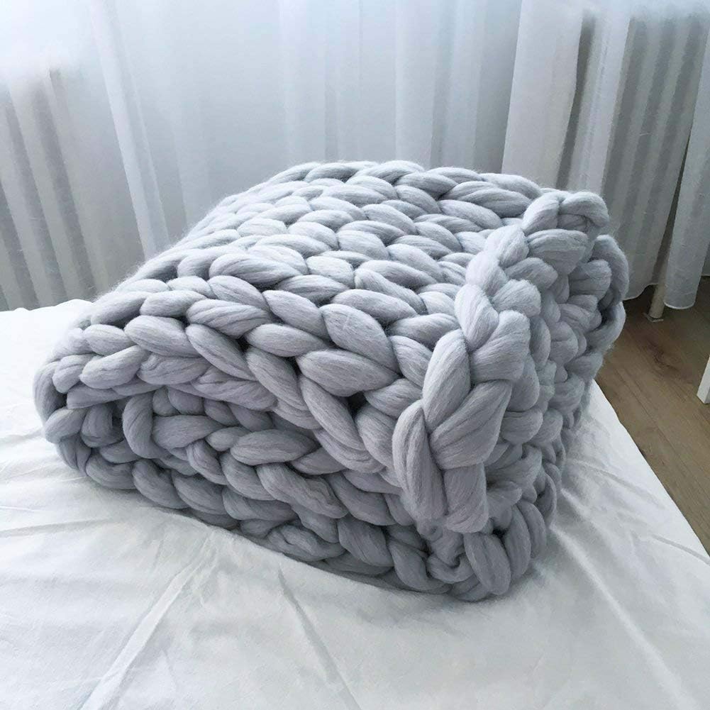 Chunky Knit Blanket Yarn Handmade Soft Bulky Arm Knitting Throw Super Large Bedroom Pet Bed Sofa Chair Home Decor Giant Yarn Baby Size Grey 32"x32"