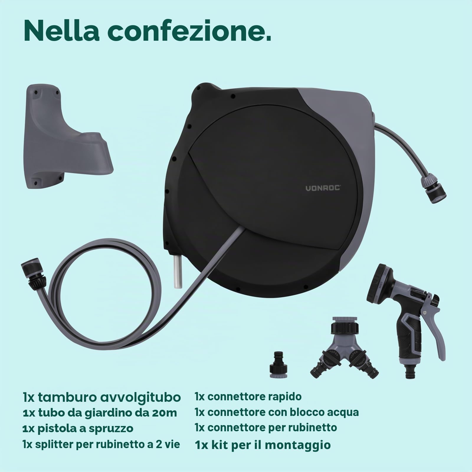 VONROC Avvolgitubo Automatico con Tubo Premium 20 m | Riavvolgimento Automatico | Pistola a 8 Getti | Avvolgitubo da Parete per Irrigazione Giardino, Grigio