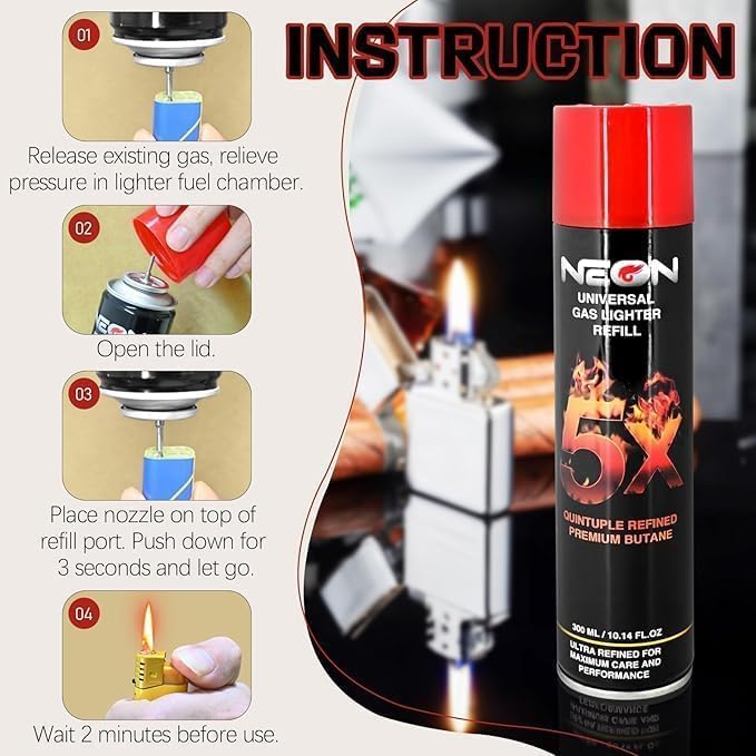 Neon Butane Fuel, 5X Butane Refill 300ml Butane Gas for Lighters, Torch (12)