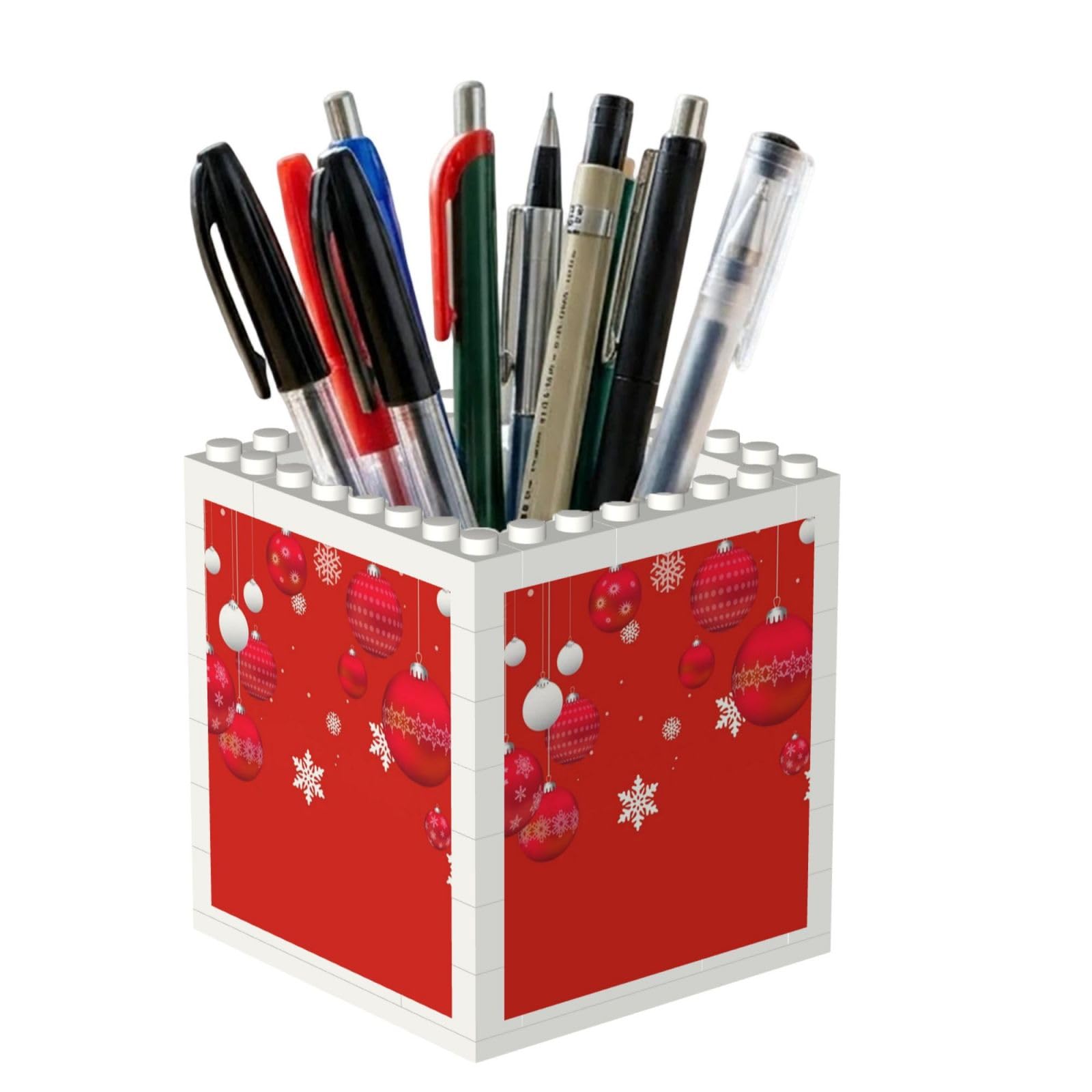 Poadnly Christmas Baubles Red White Xmas Balls Snowflakes, Pen Pot Pencil Holder for Office Home School, Compact Desk Organiser for Office Stationery