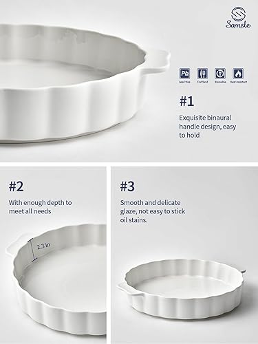 Miniatura 6 de Samsle Molde de cerámica para hornear, plato redondo para hornear de 13 pulgadas con doble mango, plato para pastel con borde con volantes, apto