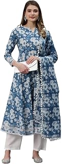 Divena Indigo Blue Cotton Anarkali Kurta Pant Set With Dupatta Price In India