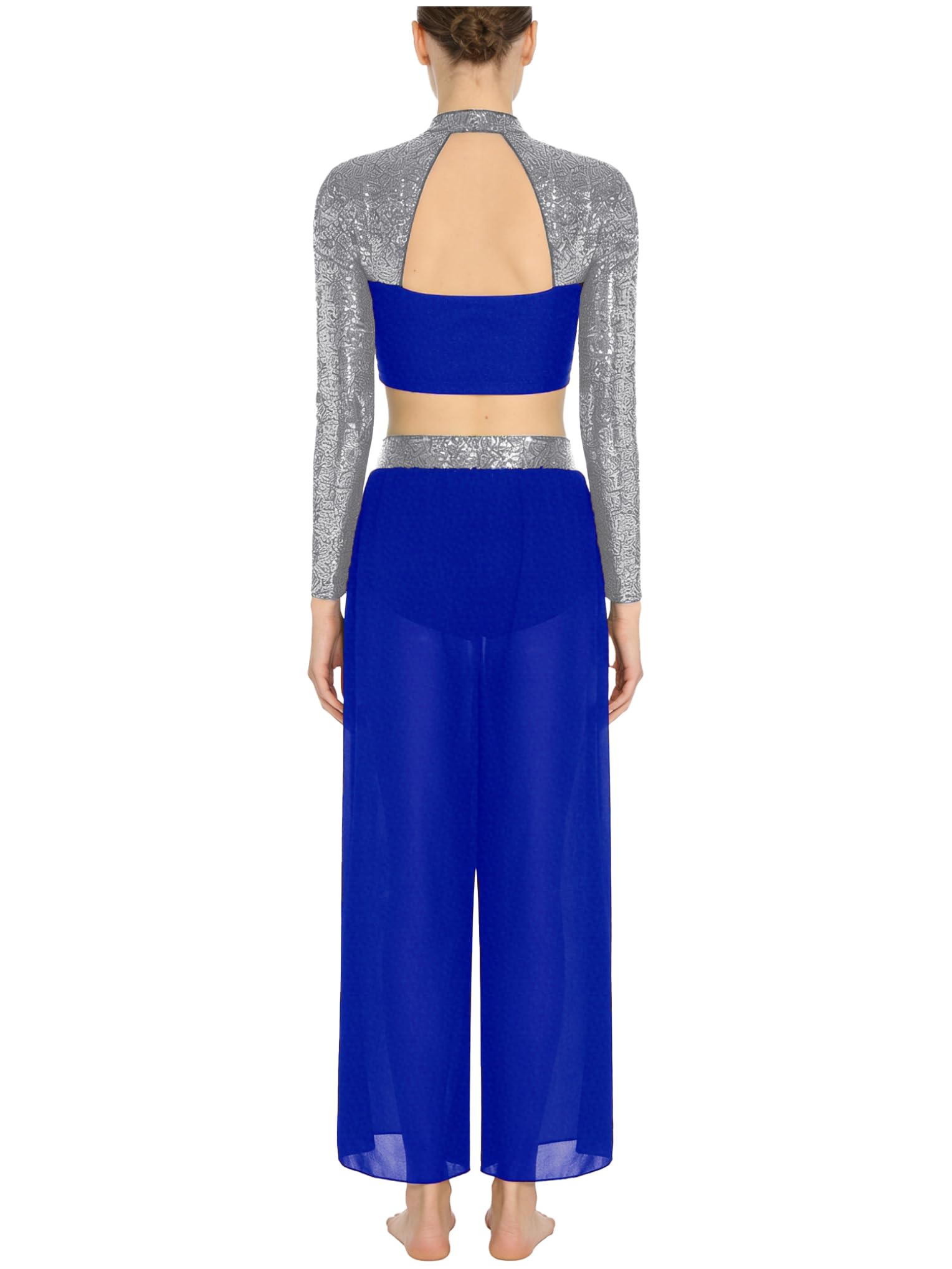 Femme Robe Danse Lyrique Contemporaine Latin Dance Costume Crop Top Pantalon Large Combinaison Gymnastique Rythmique avec Strass Paillettes Tenue Patinage Artistique