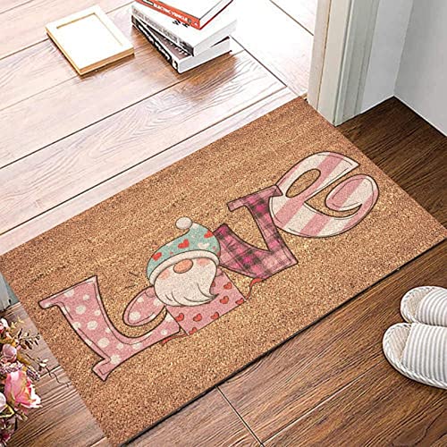 Indoor Mats For Front Door Entry Red Love Heart Gnomes Valentine Outdoor Entrance Shoe Doormat With Non-Slip Backing Love Gnome Leopard Buffalo Plaid Check Polka Dot Striped Coir Doormat 24X36In #TOP7