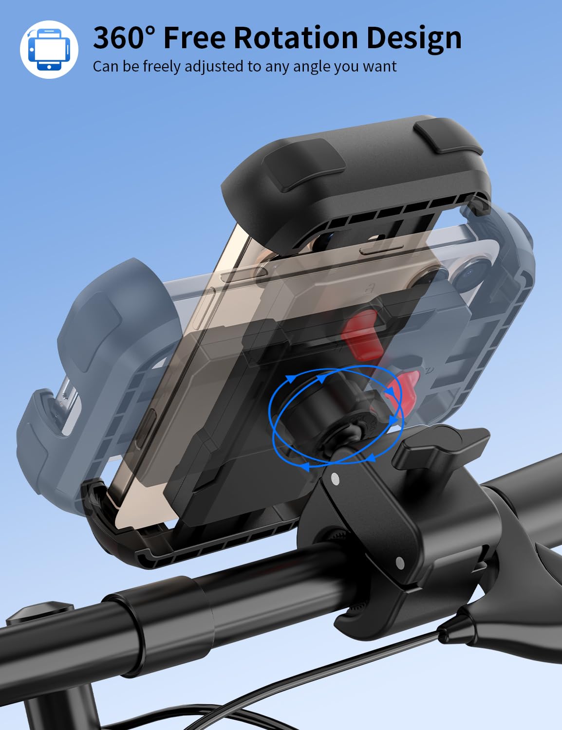 Bike Phone Holder, Motorcycle Phone Mount, [Camera Friendly] [Quick Install] [Double Locked]Clip for Scooter, 360° Rotate Cell Phone Clamp for iPhone 16 15 Pro Max/14/13, Galaxy and More 4.7-7" Phone