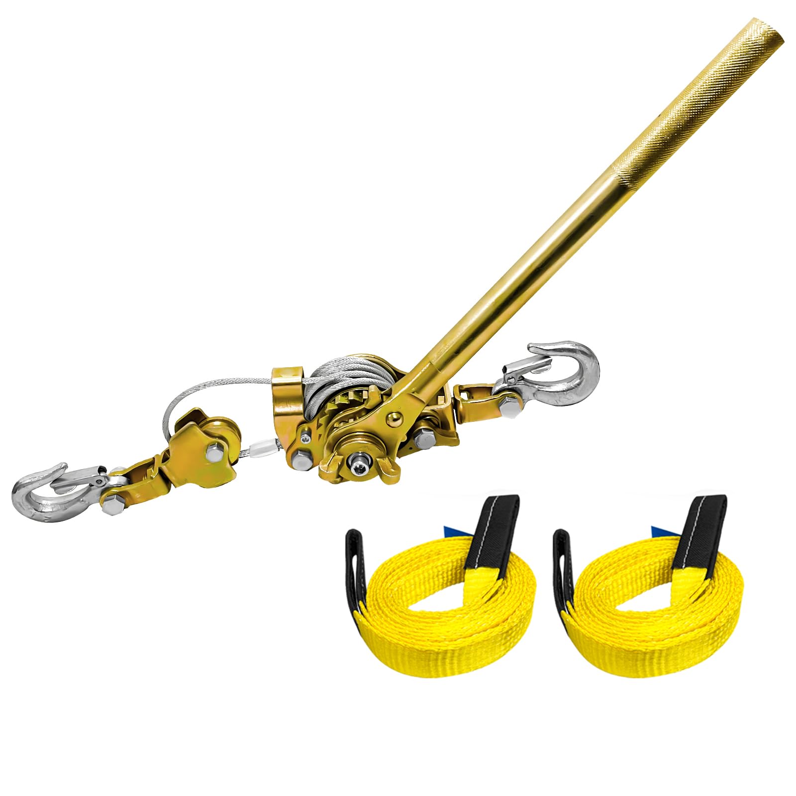 Come Along Winch 2 Ton Pulling Capacity with Two 1"x8ft Lifting Sling 6.56 ft Steel Cable 2 Hooks Hand Power Puller Tool with Dual Gears Automotive Hoist Cable Puller for Lifting Pulling