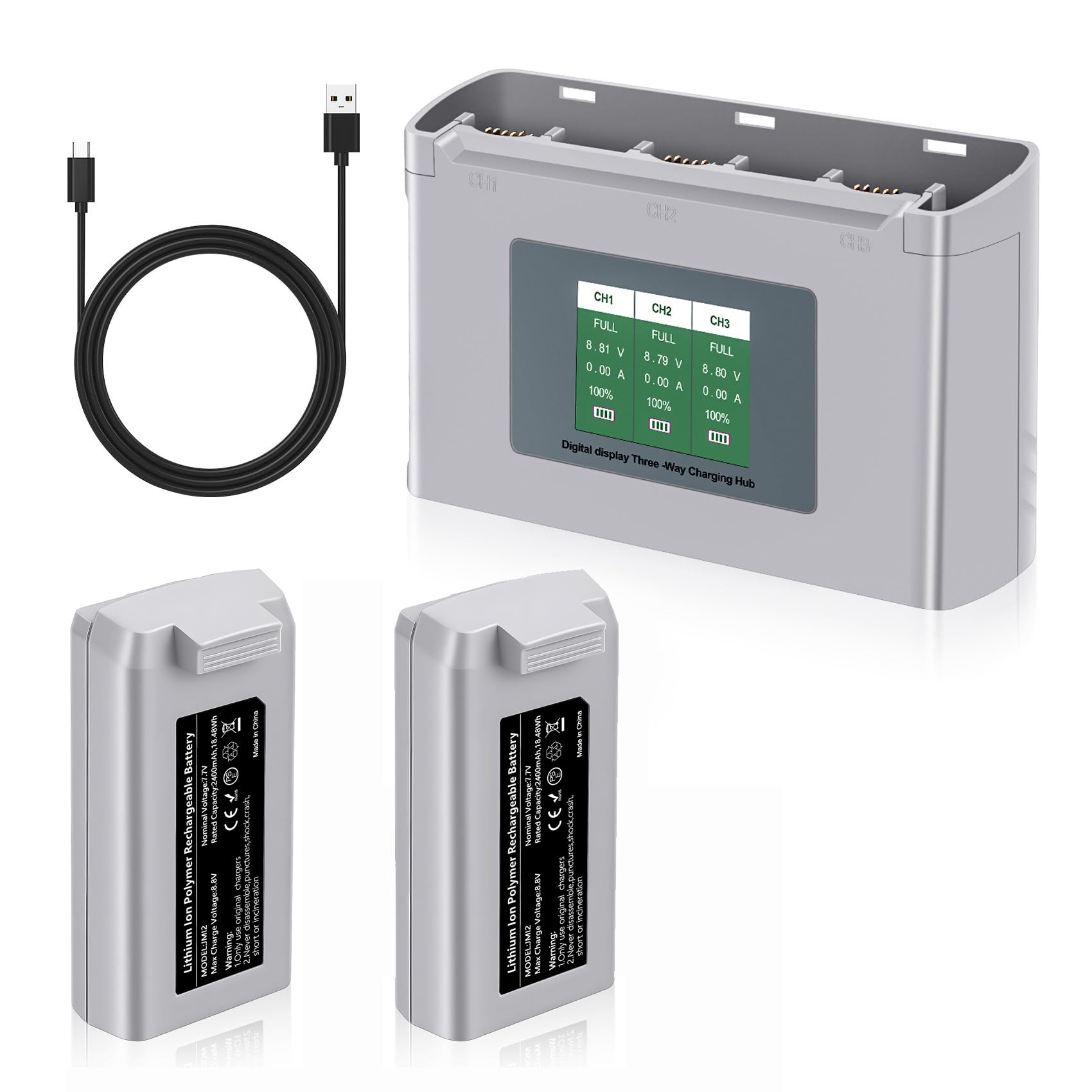 Mini 2 Batteria di volo intelligente 2 pezzi 7.7V 2400mAh (31 minuti di autonomia massima) e 3 slot Stazione di ricarica bidirezionale con display LCD compatibile con DJI Mini 4K/2/2 SE/SE