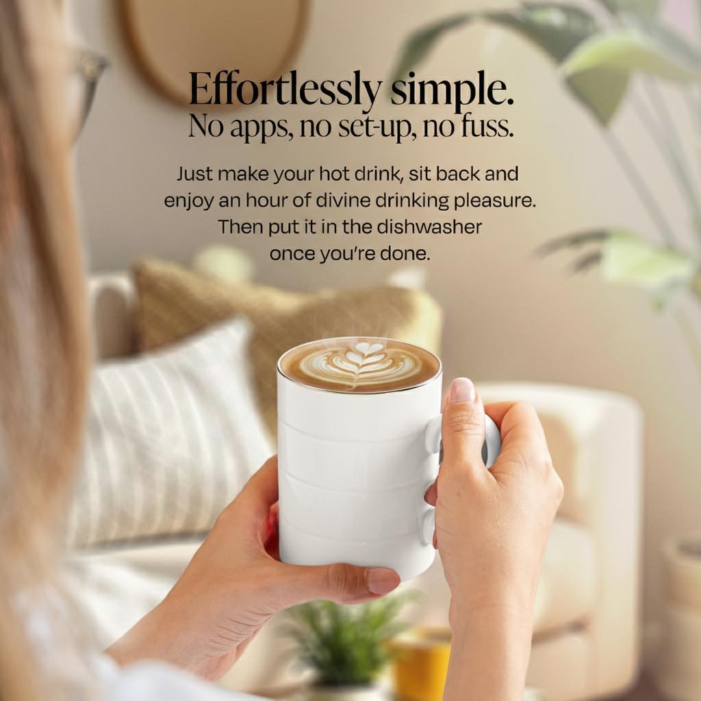 Glowstone Smart Heated Coffee Mug with Wireless Charging Base Self-Heating Made from Fine Bone China Electric Coffee Mug and Self Heating Mug Keeps Drinks Hot Stay Hot Electric Coffee Mug (White)