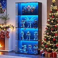 Gurexl 66\" Display Cabinets with Glass Door,4 Shelf Curio Storage Cabinet with 3 Color Lights,Bookcase Display Case with Human Body Sensor for Collectiblesbb,Toys,Living Room,Bedroom Furniture,Black