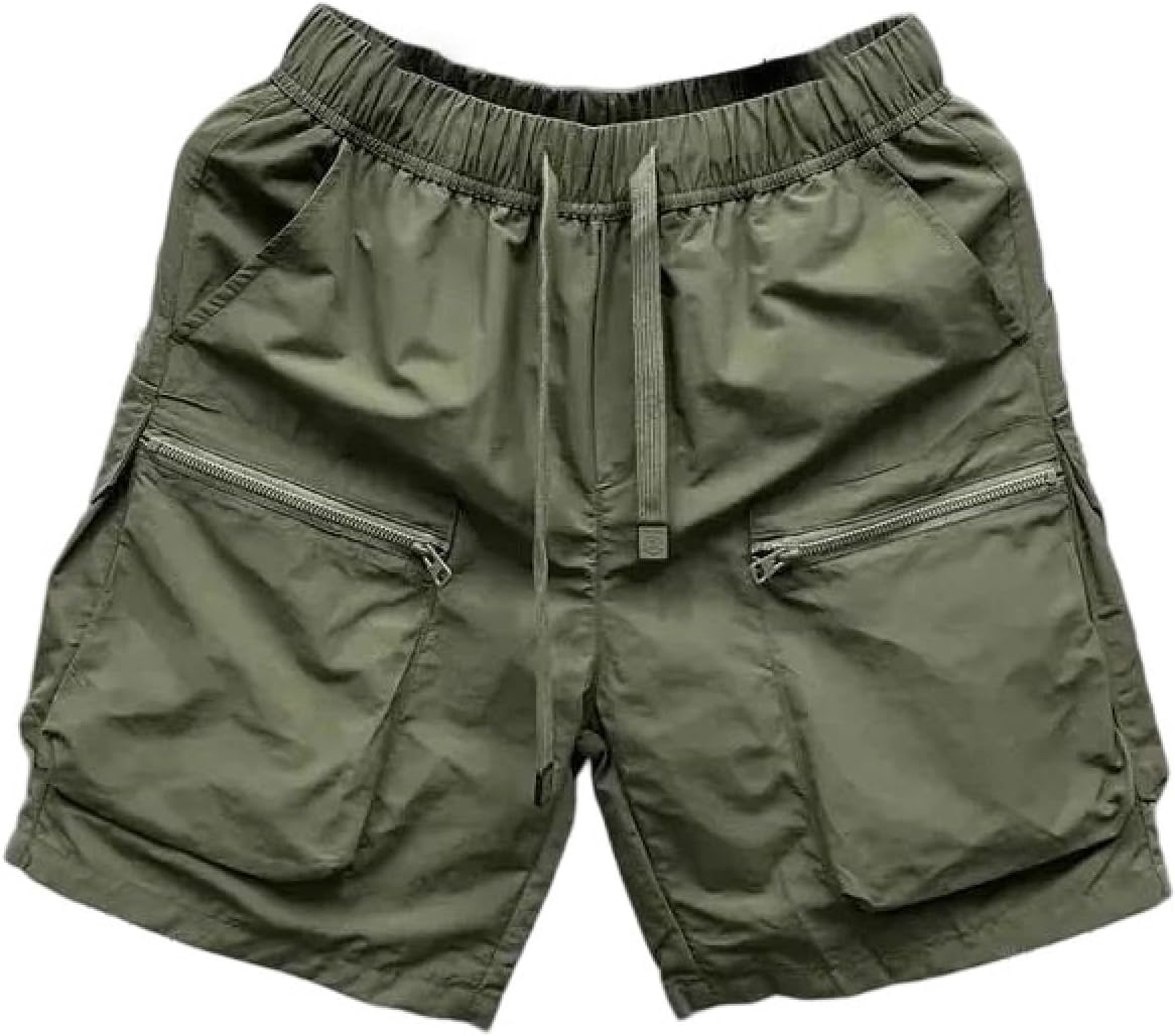 Men's Retro Cargo Shorts Summer Solid Color Loose Straight Leg Drawstring Multi-Pocket Casual Shorts