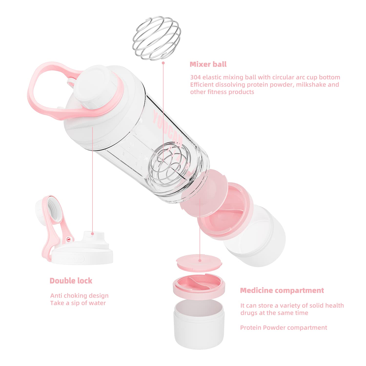 Protein-Shaker-Flasche mit Pulver-Aufbewahrungsbehälter, 600 ml, für Protein-Shakes, Pre-Worko