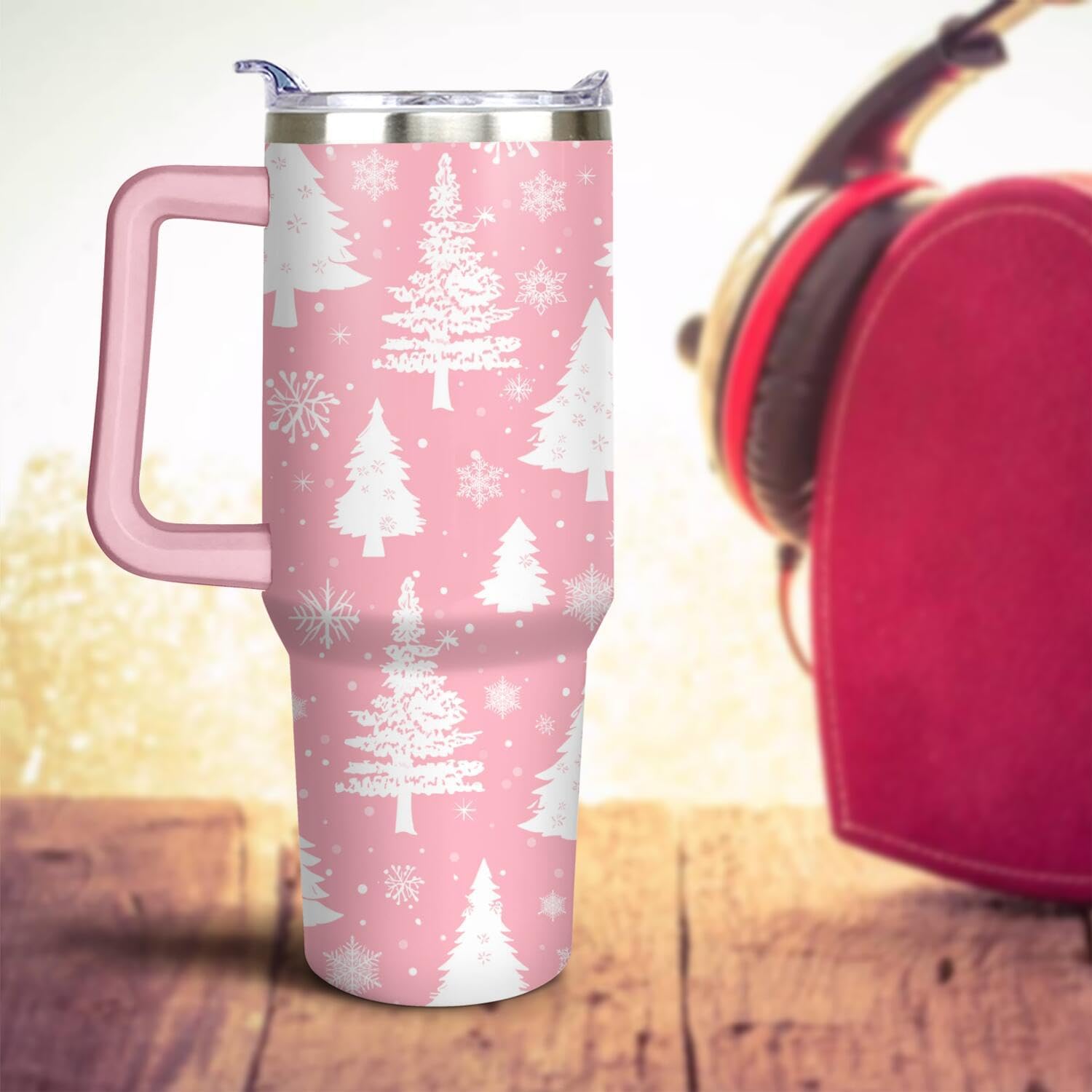 White Christmas Trees 40oz Tumbler Cup with Handle and Straw, Retro Xmas Snowflake Gifts for Women Girls, Winter Holiday Stainless Steel Water Bottle 1PC - Image 8