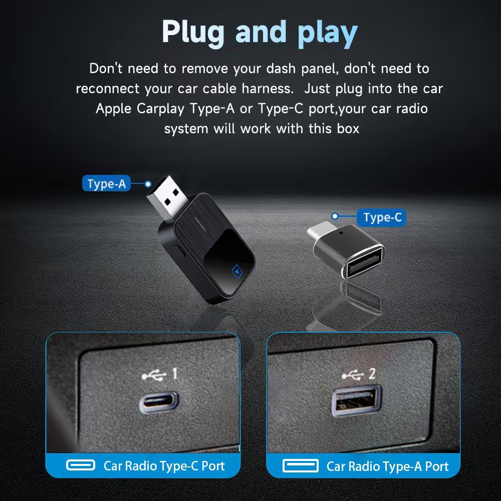 2 in 1 Adattatore Wireless CarPlay - Compatibile con iPhone e Android Wireless Auto, USB/Type-C, MiNi-Stabile con Latenza Zero, Plug and Play, iOS 10+ e Veicoli Abilitati CarPlay