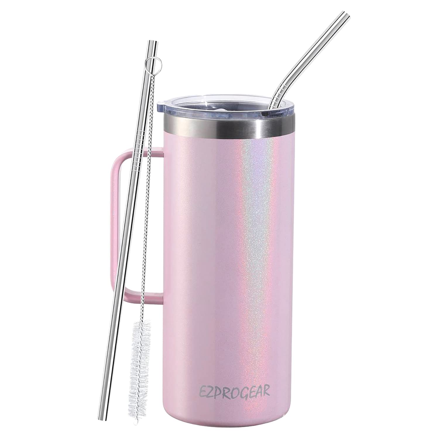 Ezprogear Chope à bière en acier inoxydable à double paroi avec poignée et couvercle Motif œillets Rose pailleté 950 ml