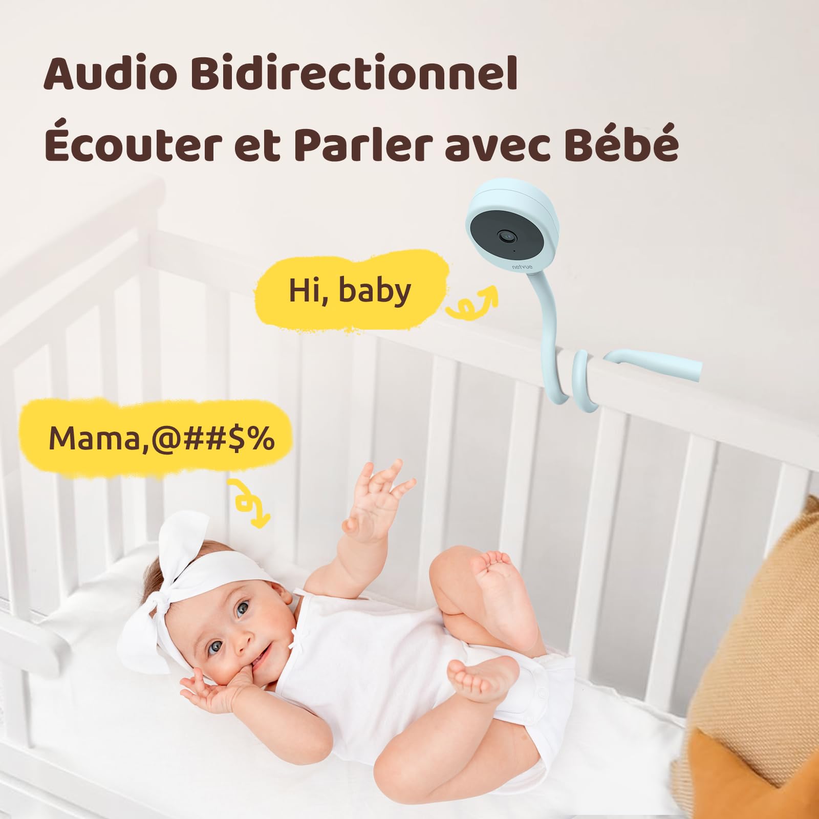 NETVUE 1080P Camera Bebe avec Support 4 en 1, Bleu Caméra Bebe avec App Gratuite, Vision Nocturne, Audio Bidirectionnel, Analyse du Sommeil, Berceuses, Détection de Mouvement