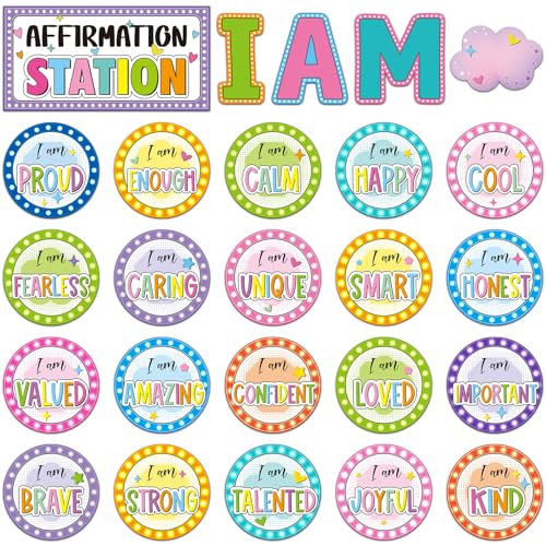 Frienda Affirmation Station Bulletin Board Set Motivational Posters Classroom Mirror Growth Mindset Decor I Am Positive Affirmations Accents Cutouts School Office Home(Light)