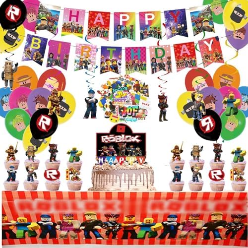 yddbhttdu 107Pcs Rob-lox Birthday Decors, Sandbox Video Game Party Decors, Birthday Decors Includes Happy Birthday Banner, Balloons, Hanging Swirls, Cake Topper, Stickers, Tablecloth