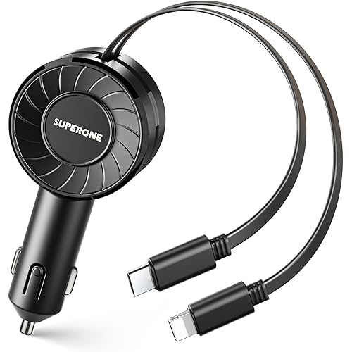 SUPERONE Retractable Car Charger with Retractable Cords, Small Fast Charge Retractable Car Phone Charger for iPhone and Android, Compatible with iPhone 15/14/13/12/11 Pro Max Samsung