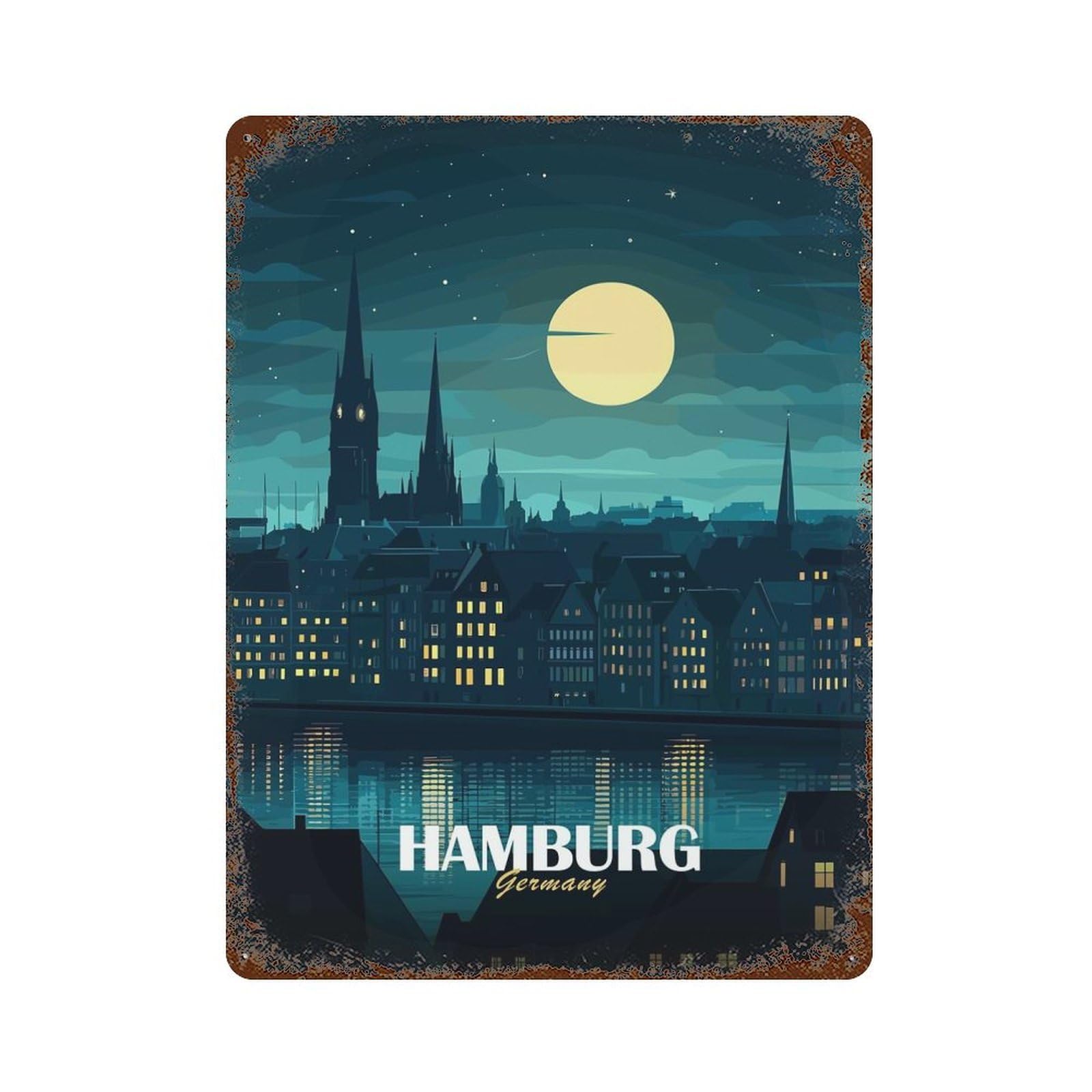 Hamburg Germany Night Skyline Illustration Weathered Tin Sign 15.7"x11.8", Ideal for Shed, Workshop And Garage Wall Decor
