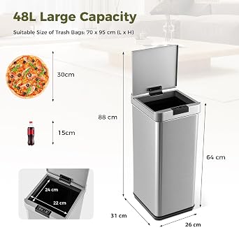 COSTWAY 48L Automatic Kitchen Bin, Touchless Infrared Motion Sensor Garbage Bin with Soft Closure Lid & Stay Open Function, Anti-Fingerprint Stainless Steel Slim Trash Can for Bathroom Office