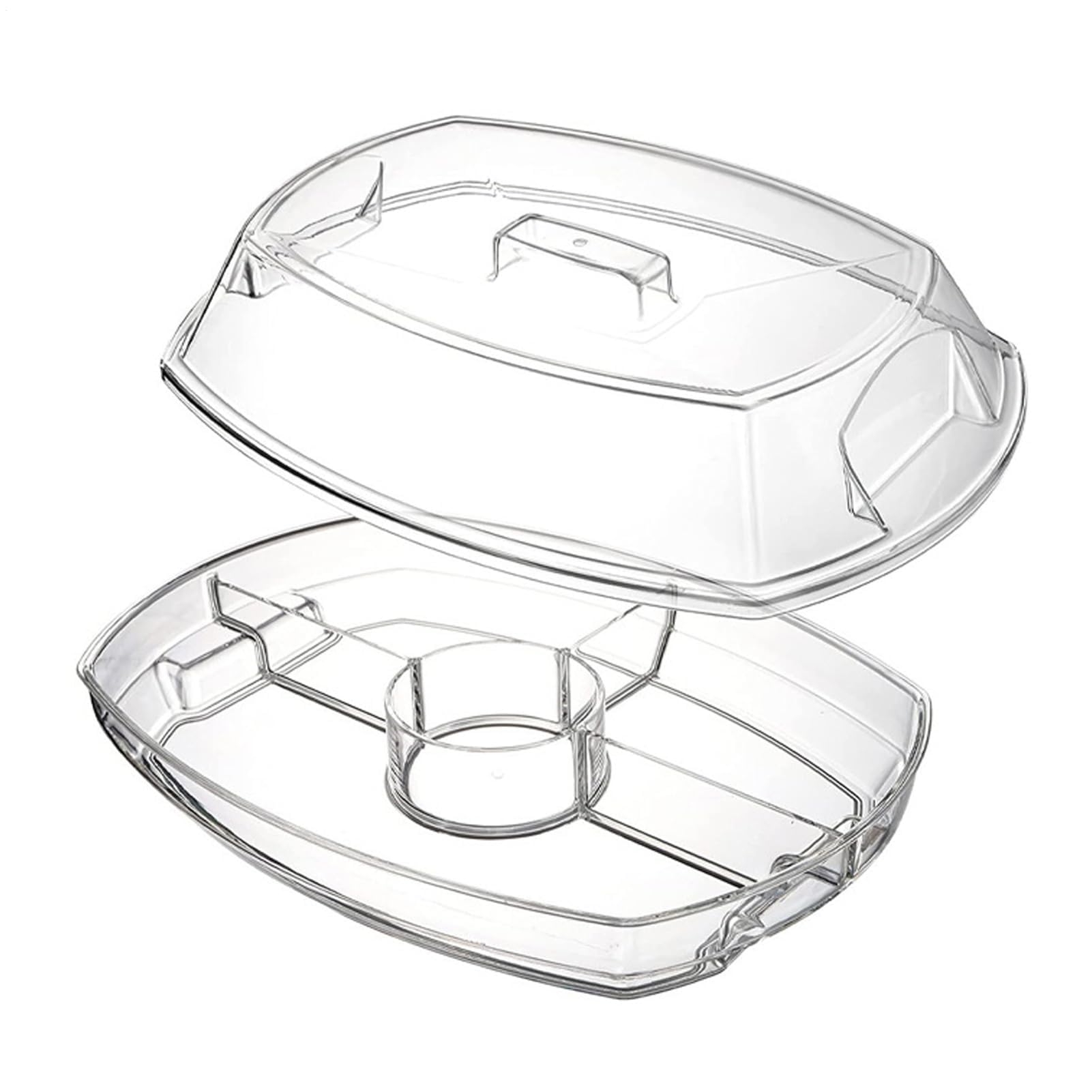 Plato de fiesta enfriado con tapa con 4 compartimentos para aperitivos, postres, frutas, verduras, ensalada y mariscos, bandeja de cóctel perfecta para fiestas y picnics