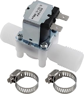 Biaungdo DC 12V 1/2 Inch Barb Water Electric Solenoid Valve Plastic Valve Normally Closed No Water Pressure Inlet Flow Switch with Hose Clamp & Teflon Tape