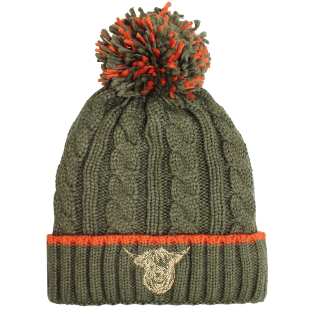 Teddyt's Men's Khaki & Orange Highland Cow Embroidered Fleece Lined Bobble Hat (Khaki & Orange)