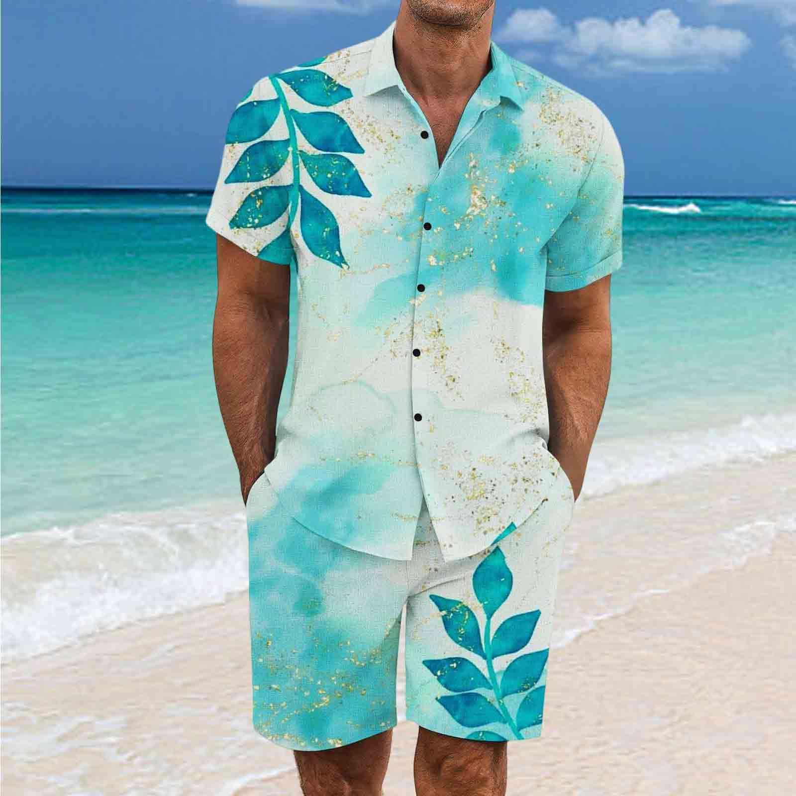2 Pezzi Uomo Estiva Traspirante in Misto Lino - Completo Stampato e Pantaloncini Tute da Sportivo Completo Leggero Estivo Traspirante Italiana Outift per Vacanza e Tempo