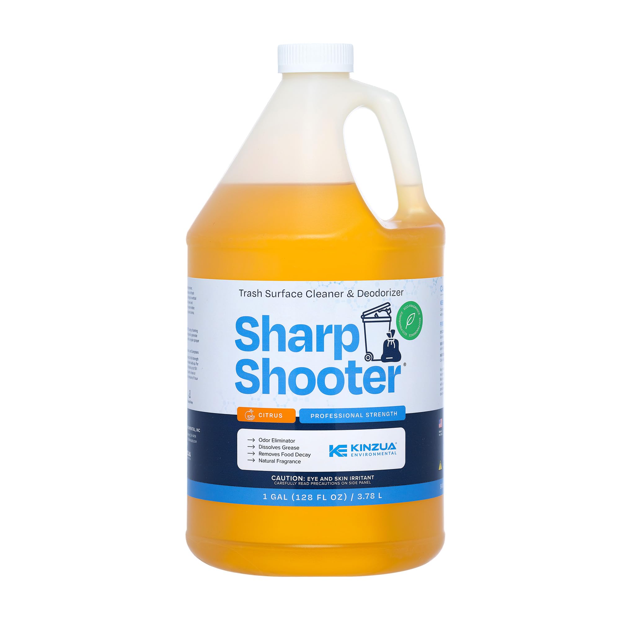 KINZUA ENVIRONMENTAL Sharpshooter, Heavy-Duty Trash Can Odor Eliminator & Degreaser, Garbage Surface Cleaner and Deodorizer Foam, Professional-Grade, Fresh Citrus Scent, 1 Gallon