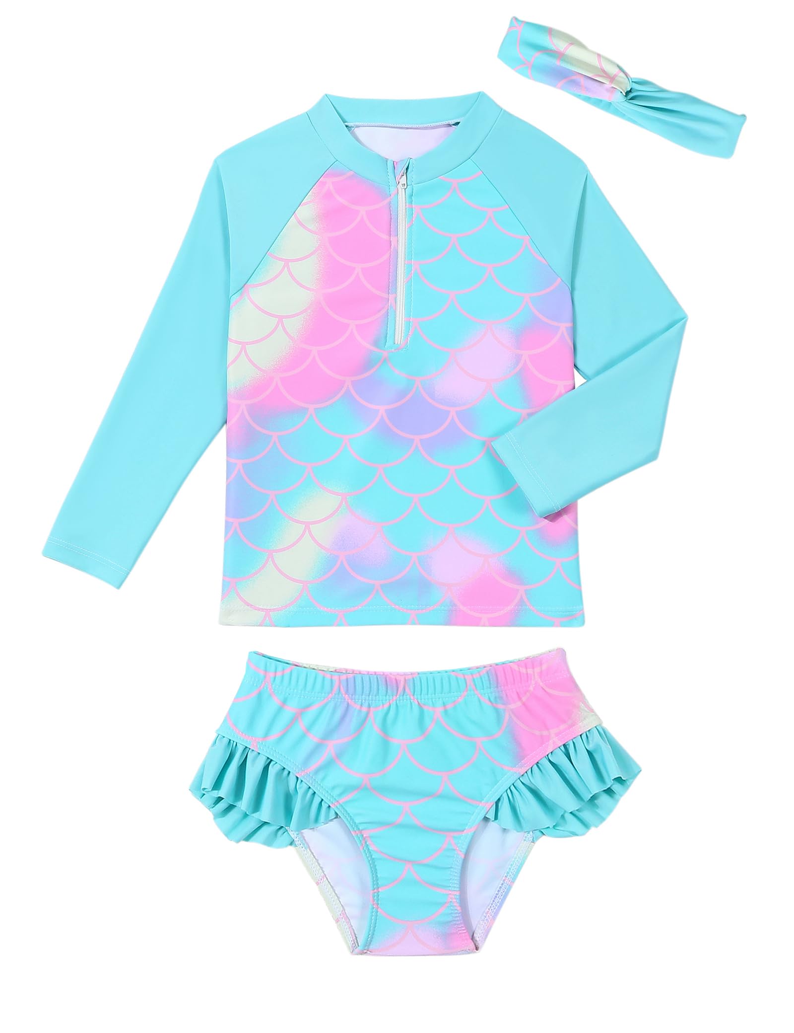Maillot de Bain à Manches Longues pour Filles Maillot de Bain à Volants Protection Solaire UV Maillot de Bain 2 pièces pour l'été 3-10 Ans