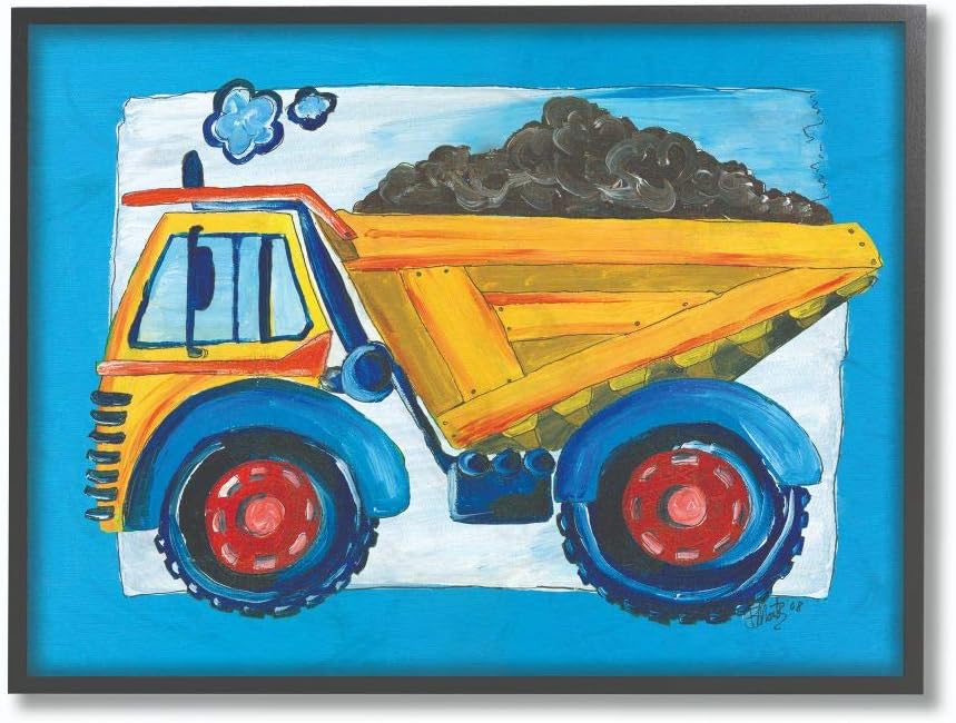 The Kids Room by Stupell Yellow Dump Truck with Blue Border Gray Framed Wall Art, 11x14, Multi-Color