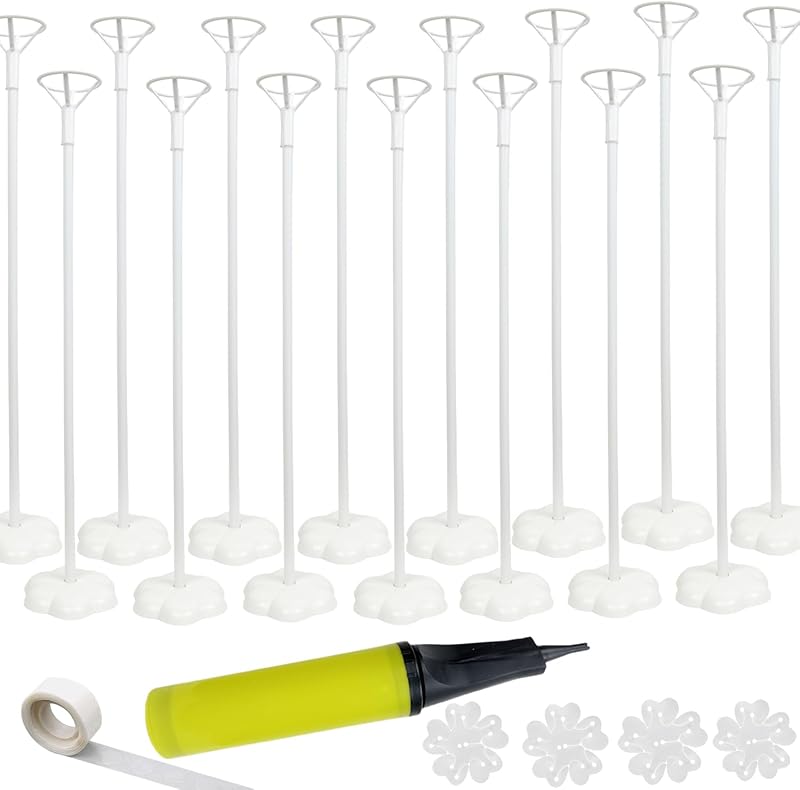 Kit de soporte para globos, paquete de 15 soportes para palos de globos con base para decoración de mesa central de fiesta, soporte de columna de globos reutilizable para feliz cumpleaños/graduación/fiestas de boda