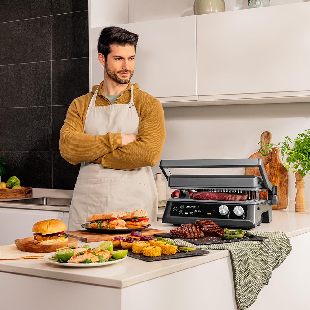 Cecotec Barbecue Grill Elettrico con Griglia Rockn'Grill Bistro. 2400W, Cottura Sana, Senza Fumo, Controllo Sfioramento, Piastre Temperatura Indipendenti, Sonda Temperatura Inclusa, Piastre Staccabili