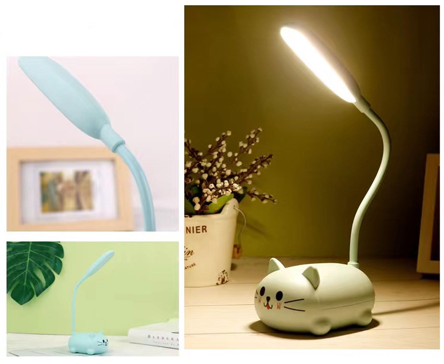 Mini luz nocturna de gato, lámpara de escritorio LED para niños, lindo gato, plegable, recargable por USB, luz de lectura para dormitorio, mesita de noche para niños, estudio (azul)