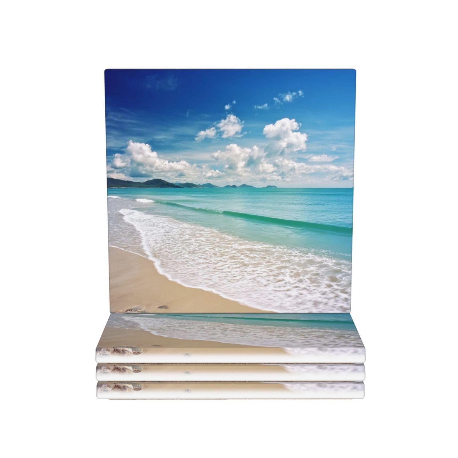 Drink Coasters Set of 4 Coffee Ceramic Coaster Ocean Sea Beach Coasters for Drinks Coffee Cup Mat Heat Resistant Tabletop Protection Coaster Desk Accessorie Home Decorative