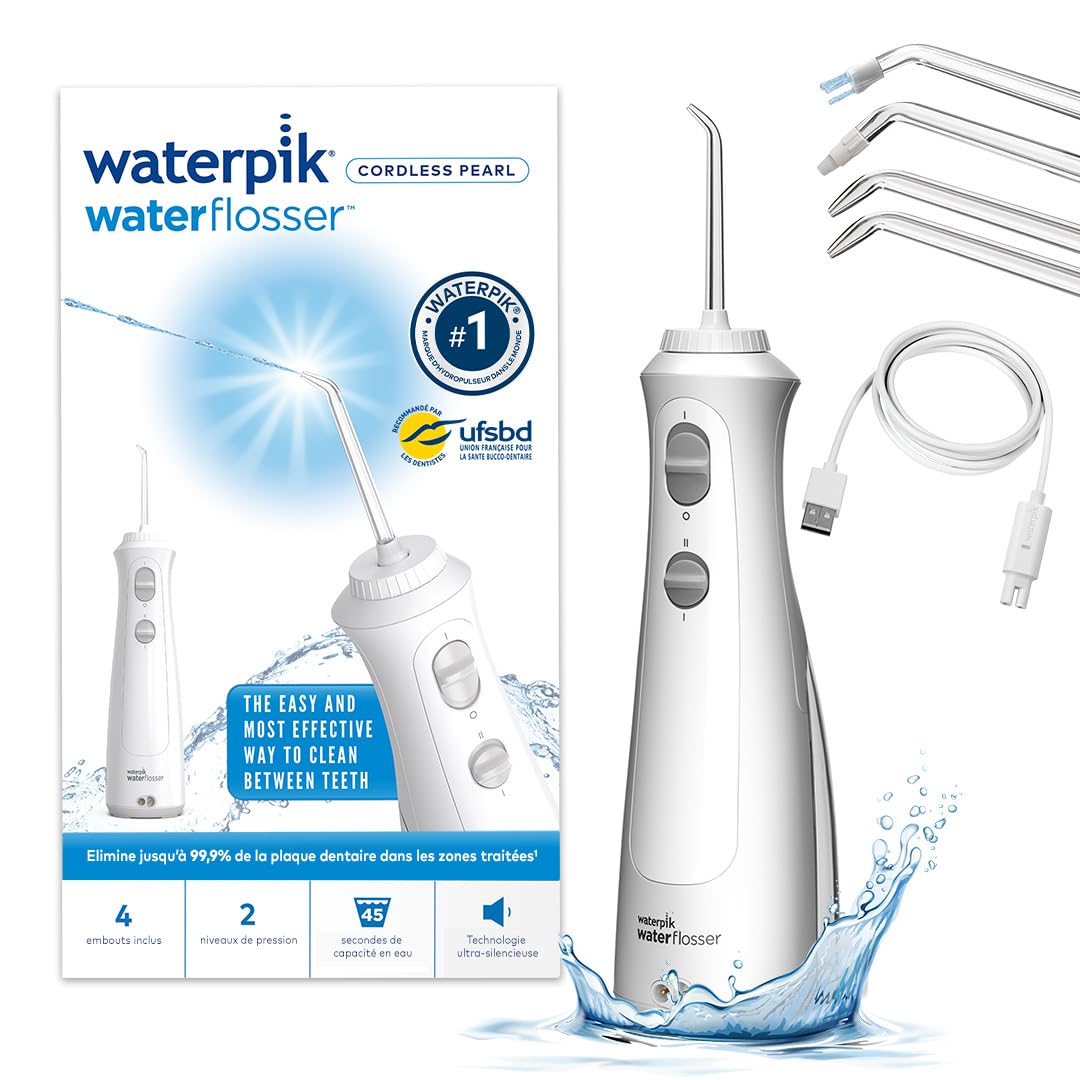 Waterpik Pearl - Hydropulseur Dentaire Sans Fil, Jet Dentaire Portable Rechargeable, Format Voyage Facile à Transporter, Élimine la Plaque, 2 Niveaux de Pression, Blanc (WF-​13)