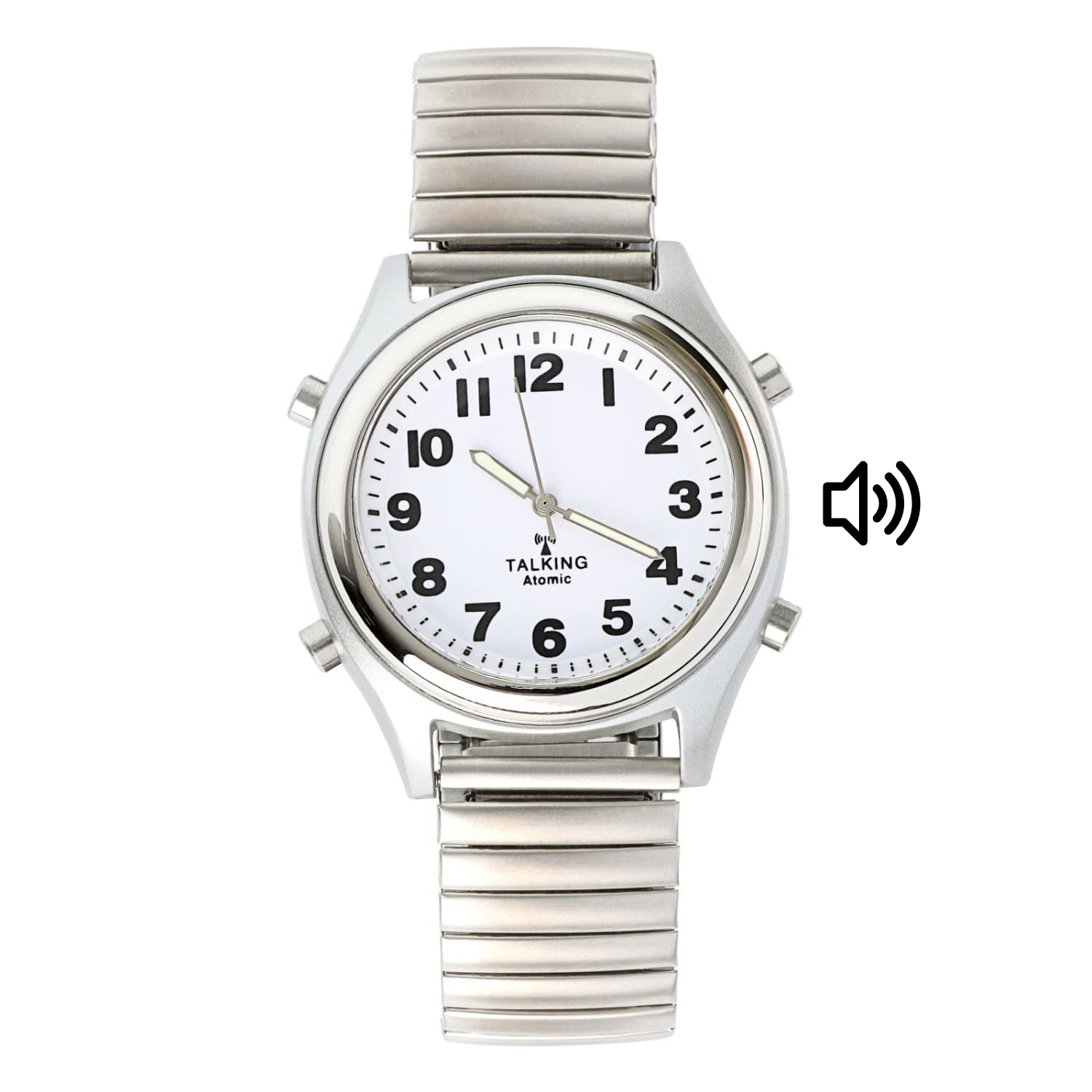 Talking Atomic Silver Reloj elástico | Reloj de pulsera parlante audible transparente con números grandes | Correa de acero elástico de plata inoxidable expandible | Anuncia hora y fecha | Diseño