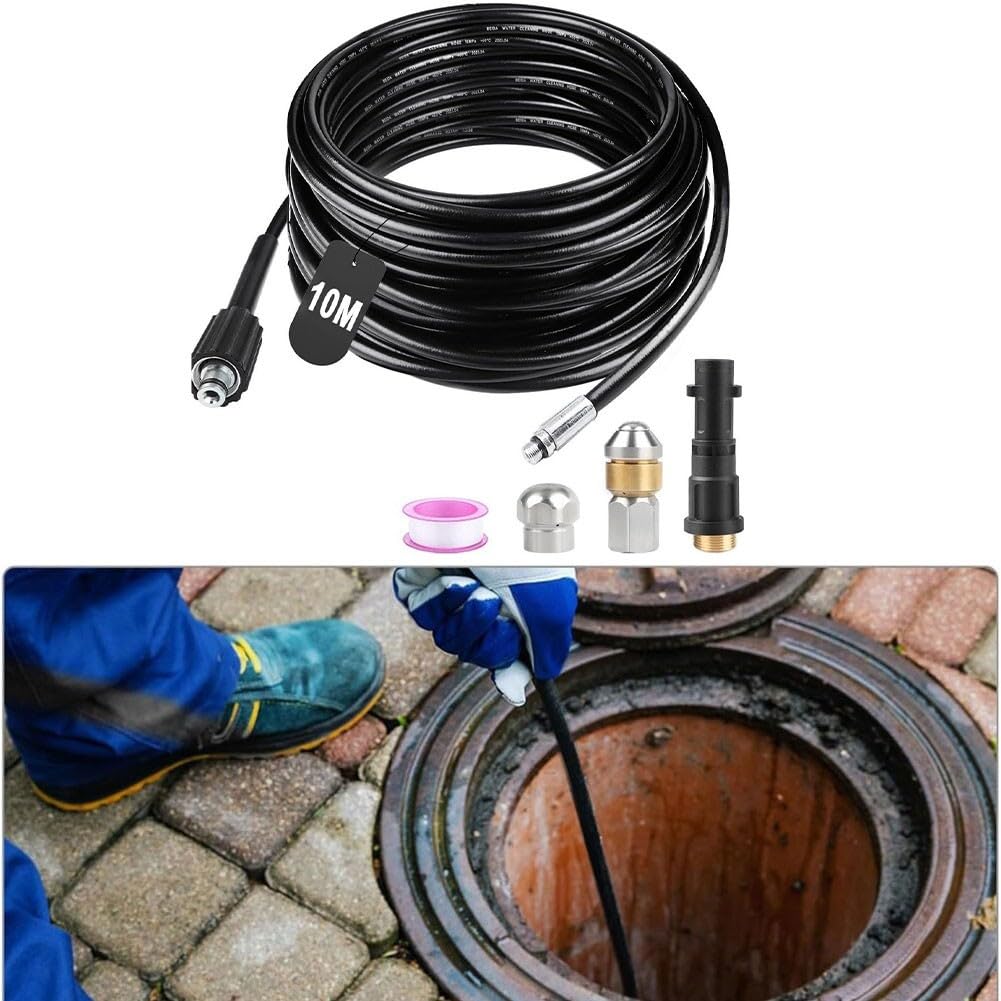 DAZZLEEX Juego de manguera de limpieza de tuberías de alta presión de 10 m, limpiador de drenaje de PVC de 180 bar con boquillas giratorias y chorro, compatible con modelos K2-K7 para limpiar drenaje